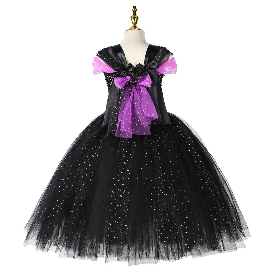 Color: WHITE, Kid Size: 9 - Halloween Witch Tutu Dress for Girls Handmade Mesh Bat Wizard Cosplay Costumes with Hat Broom Toddler Evil Party Clothes Set