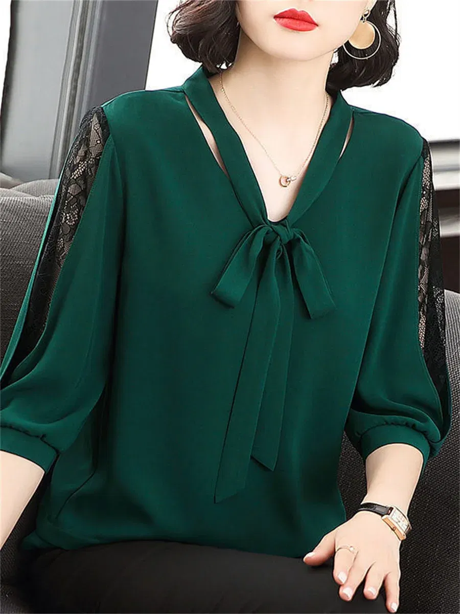 Color: Red, Size: L - Women Spring Summer Style Blouses Tops Lady Casual Bow Tie Colloar Half Lace Sleeve Loose Blusas Tops DF4275