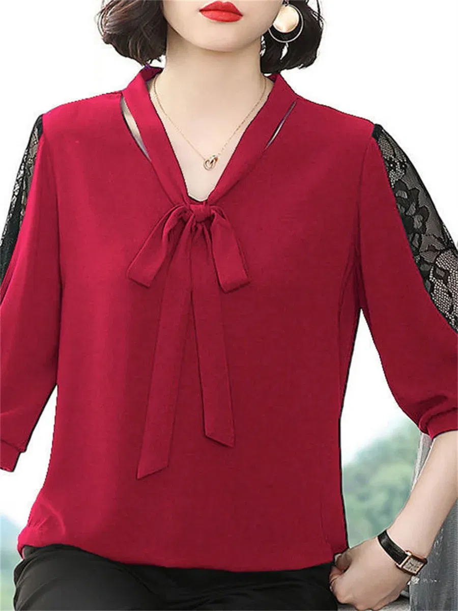 Color: Red, Size: L - Women Spring Summer Style Blouses Tops Lady Casual Bow Tie Colloar Half Lace Sleeve Loose Blusas Tops DF4275