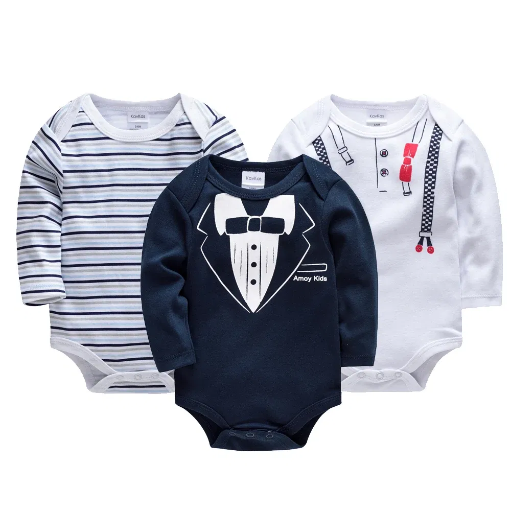 Color: Blue, Kid Size: 6M - Kavkas Baby Boys Girls Bodysuit 3 PCS Long Sleeve 100% Cotton Baby Clothes 0-12 Months Newborn Body Bebe Jumpsuit Clothing
