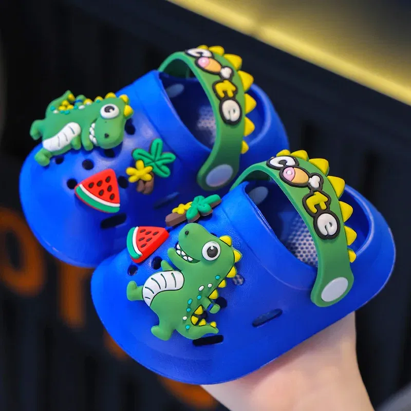 Color: Beige, Shoe Size: 3.5 - Summer Childrens Slippers Hole Kids Sandals Soft Anti-Skid Cartoon Dinosaur DIY Design Indoor Anti-Slip Boys Girls Beach Shoes