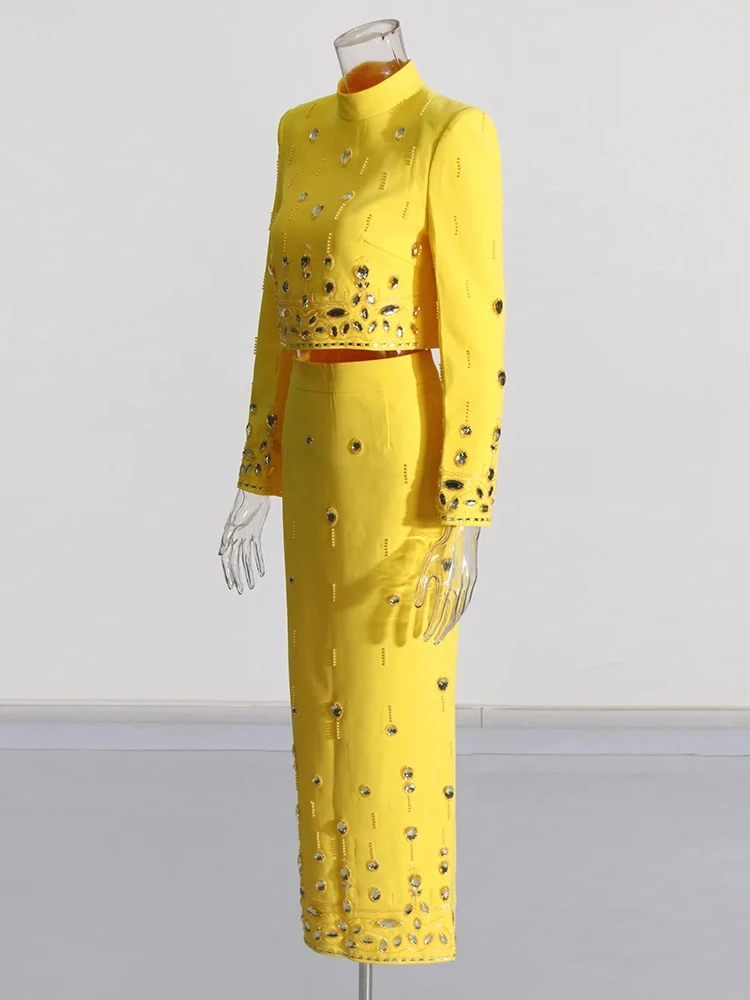 Color: black, Size: S - Spliced Diamonds Two Piece Set For Women Stand Collar Long Sleeve Tops High Waist Skirt Elegant Chic Set Female Fashion New