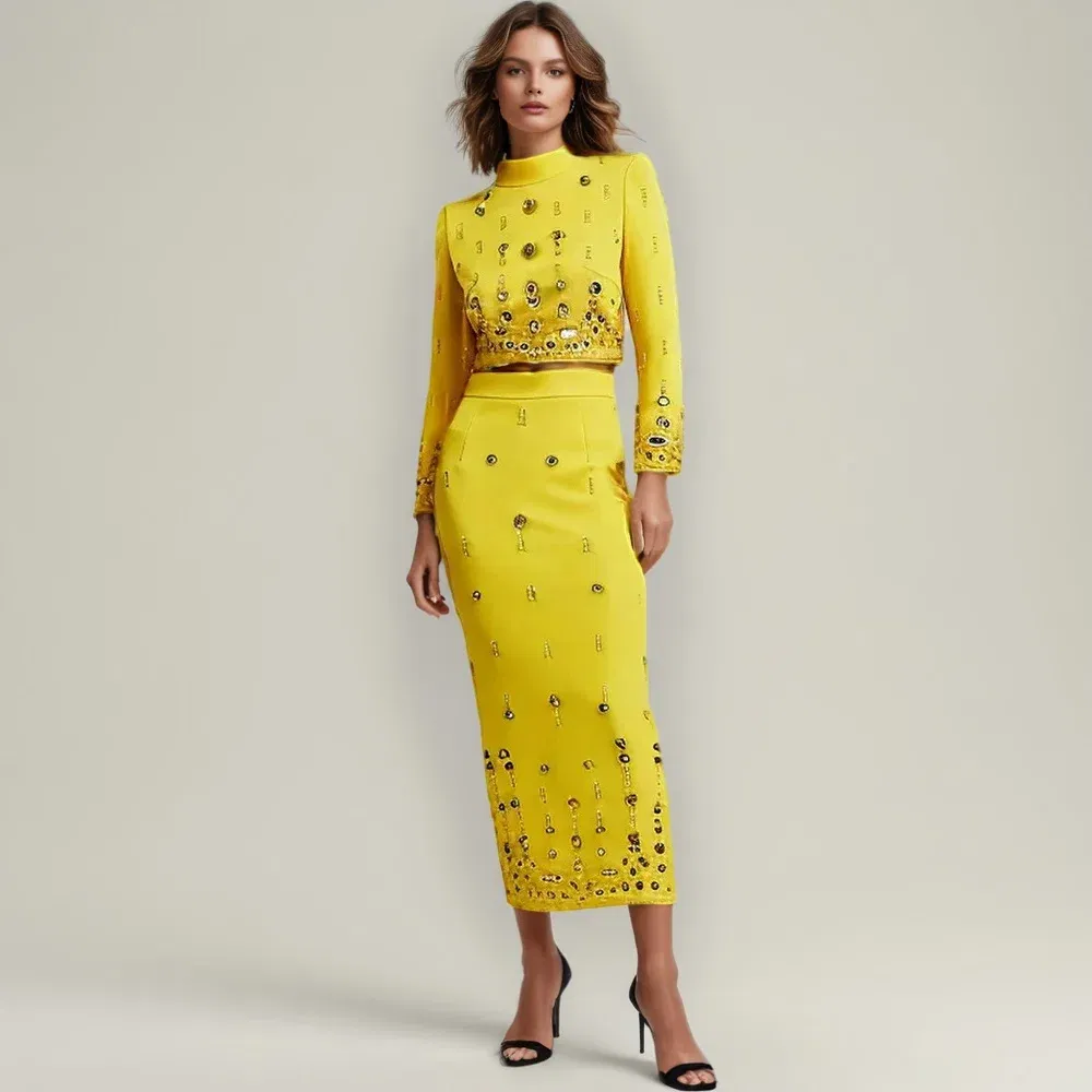 Color: black, Size: S - Spliced Diamonds Two Piece Set For Women Stand Collar Long Sleeve Tops High Waist Skirt Elegant Chic Set Female Fashion New