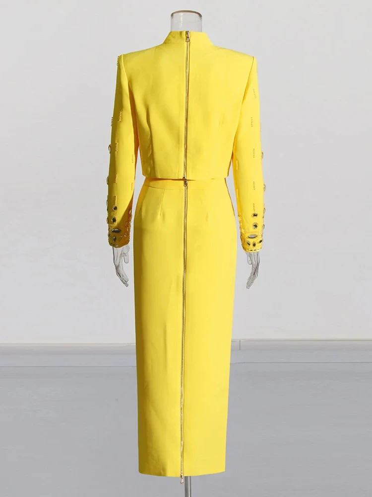 Color: black, Size: S - Spliced Diamonds Two Piece Set For Women Stand Collar Long Sleeve Tops High Waist Skirt Elegant Chic Set Female Fashion New