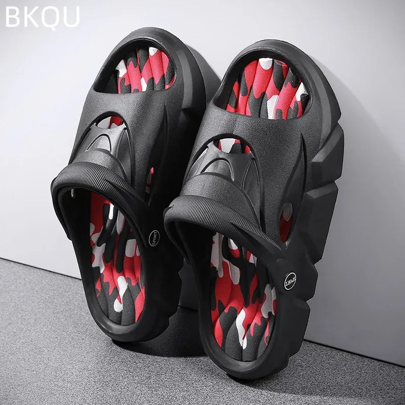 Color: Black, Shoe Size: 42 - Men's Beach Slippers Round Toe Lightweight Flat Bottom Waterproof Comfortable Trend Versatile Breathable Non-slip Large Size