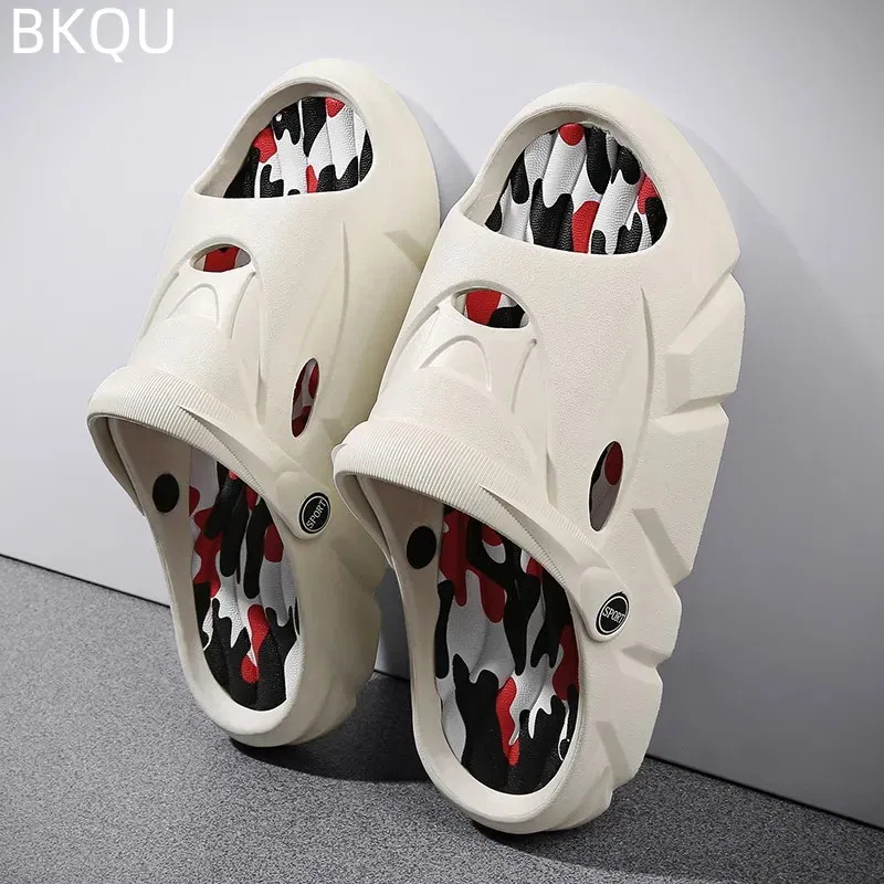 Color: Black, Shoe Size: 42 - Men's Beach Slippers Round Toe Lightweight Flat Bottom Waterproof Comfortable Trend Versatile Breathable Non-slip Large Size