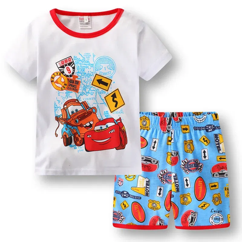 Color: Sky blue, Kid Size: 6T - New Summer Kids Pyjamas Children Sleepwear Baby Set Boys Girls Cars Short sleeved Pijamas Cotton Nightwear Clothes Pajamas Sets