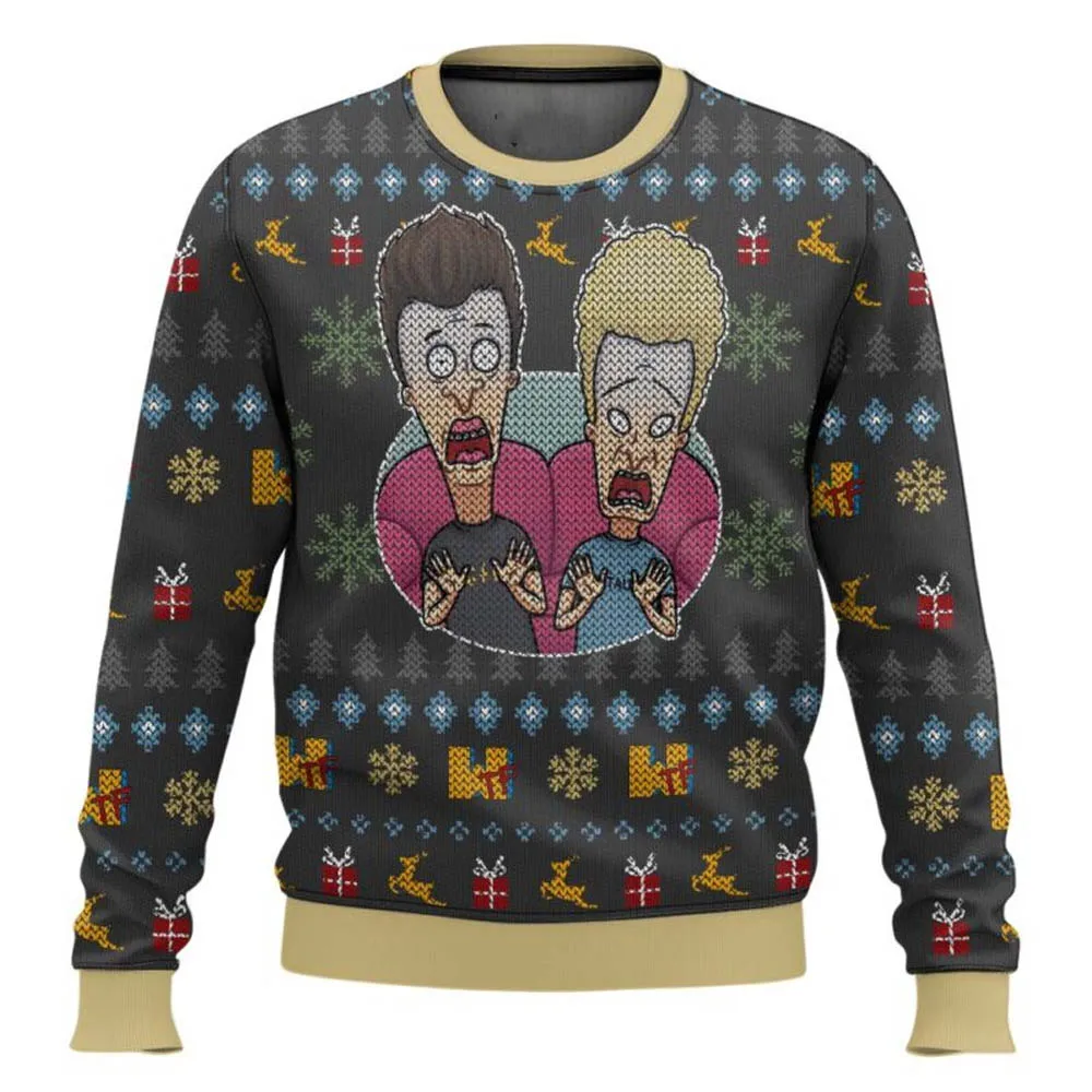 Color: black, Size: XL - Xmas Rock Beavis and Butthead Ugly Christmas Sweater Cartoon Anime Women Men Pullover Tops New Fashion Couple Hoodie Sweatshirt