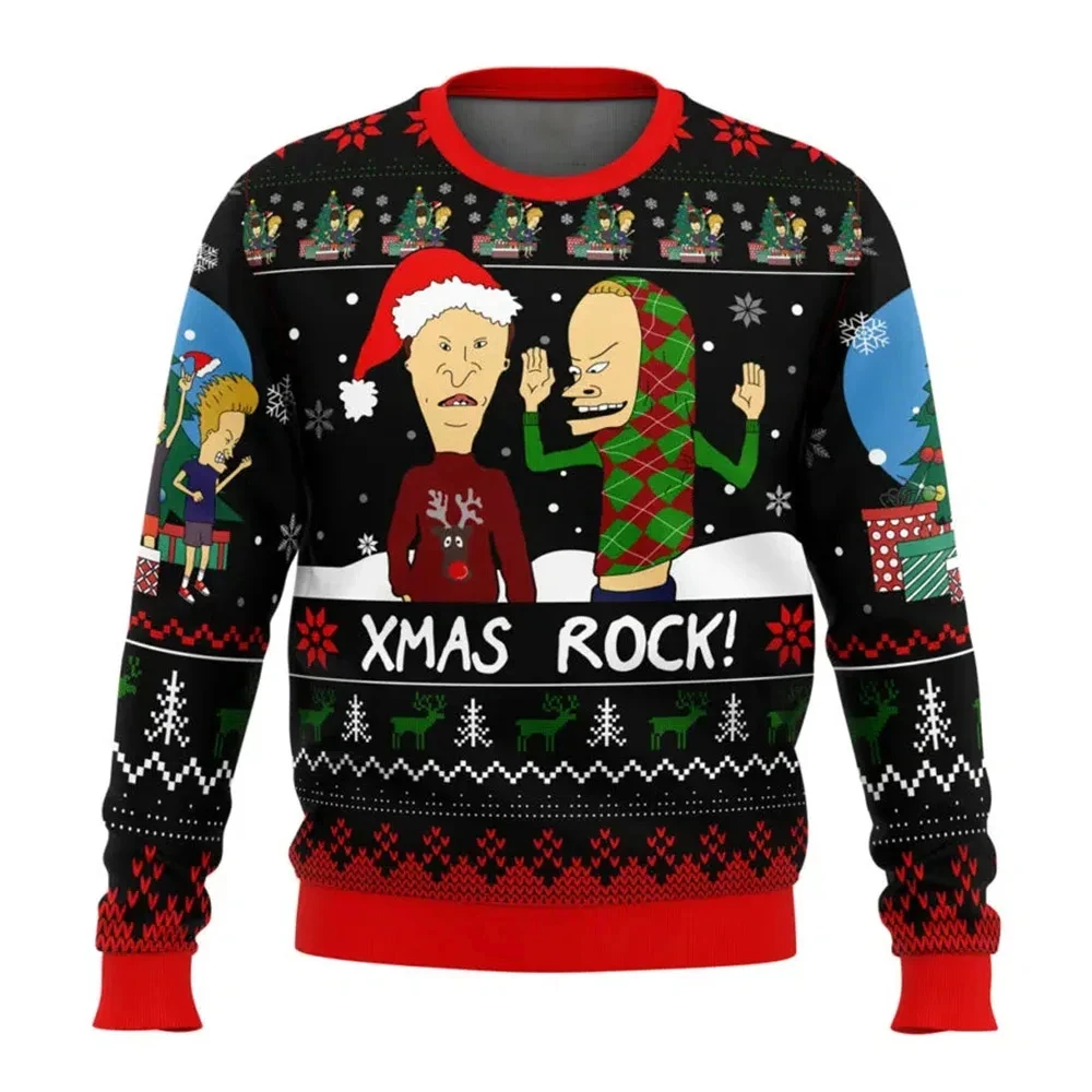 Color: black, Size: XL - Xmas Rock Beavis and Butthead Ugly Christmas Sweater Cartoon Anime Women Men Pullover Tops New Fashion Couple Hoodie Sweatshirt