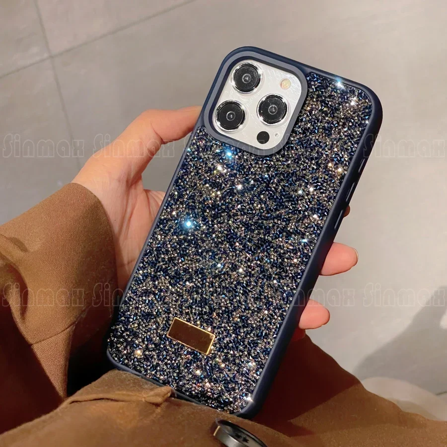 Color: Dark Blue, Material: Microfiber - Bling Glitter Phone Case For iPhone 16 15 14 13 12 Pro Max 11 Vogue Protective Soft Diamond Cover Coque Funda