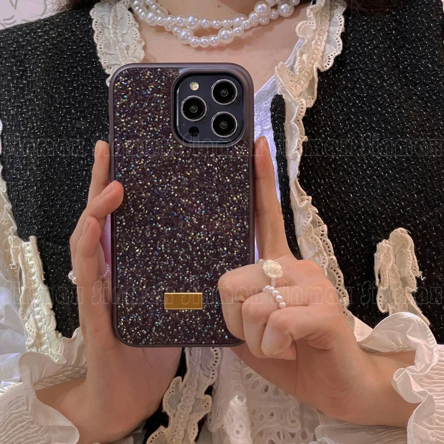 Color: Dark Blue, Material: Microfiber - Bling Glitter Phone Case For iPhone 16 15 14 13 12 Pro Max 11 Vogue Protective Soft Diamond Cover Coque Funda