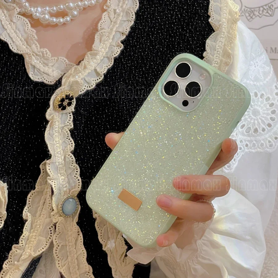 Color: Dark Blue, Material: Microfiber - Bling Glitter Phone Case For iPhone 16 15 14 13 12 Pro Max 11 Vogue Protective Soft Diamond Cover Coque Funda