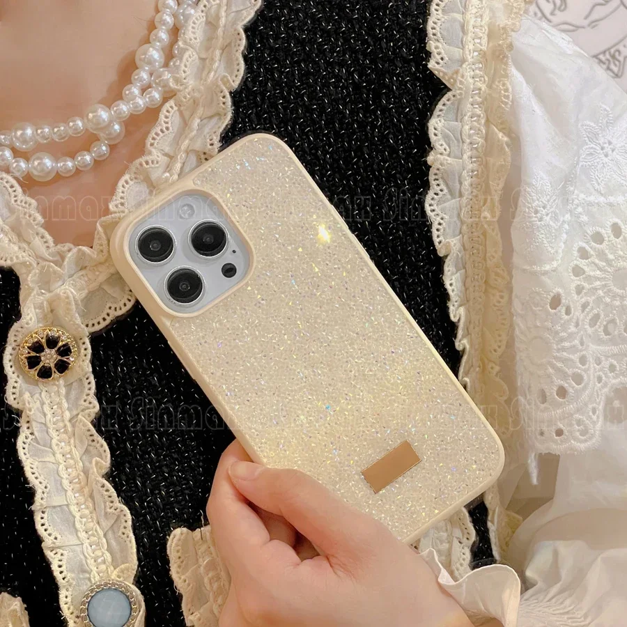 Color: Dark Blue, Material: Microfiber - Bling Glitter Phone Case For iPhone 16 15 14 13 12 Pro Max 11 Vogue Protective Soft Diamond Cover Coque Funda