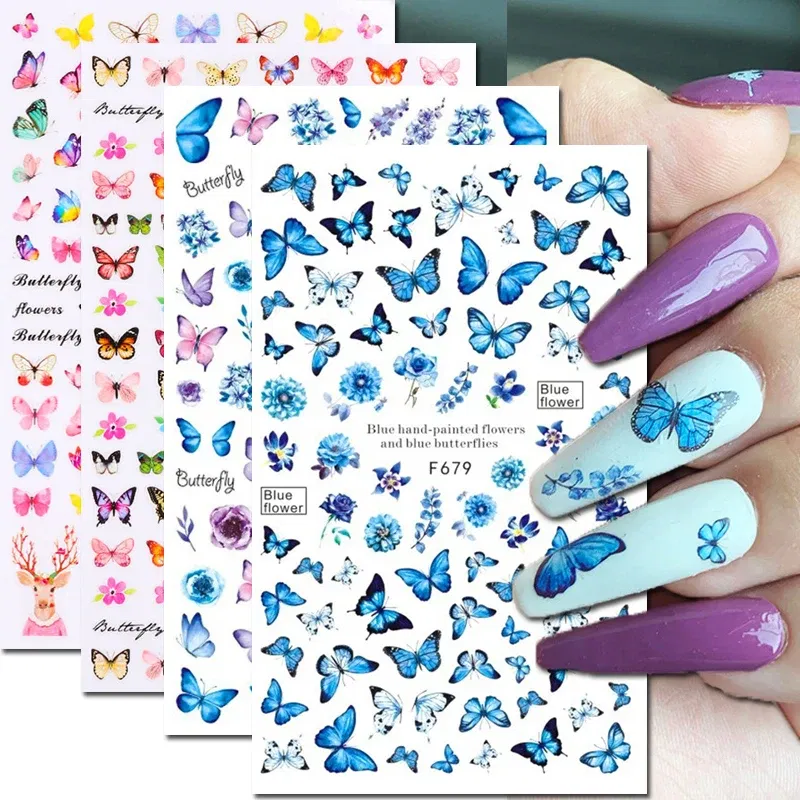 Color: Light Grey - 3D Blue Butterfly Adhesive Stickers Nail Art Decoration Laser Flowers Leaves Nail Sticker Nail Art Supplies Nail Parts