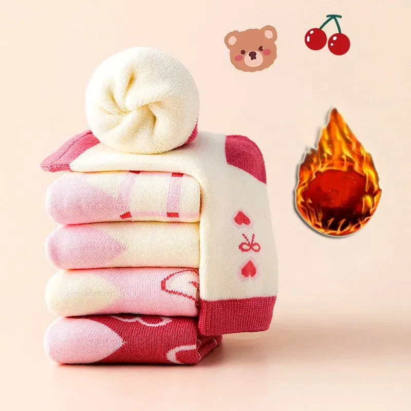 Color: Gold, Size: 10-12T - Girls Winter Socks 5 Pairs Baby Cute Color Princess Pink Thick Cotton Socks Children Warm Winter Socks
