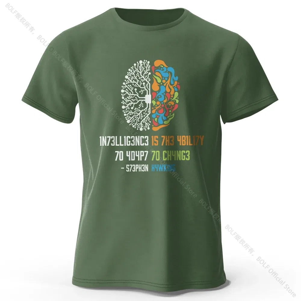 Color: army green, Size: M - Funny Brain Power Printed 100% Cotton T-Shirt, Soft & Breathable Round Neck Short Sleeve Tee, Unisex Quirky Style
