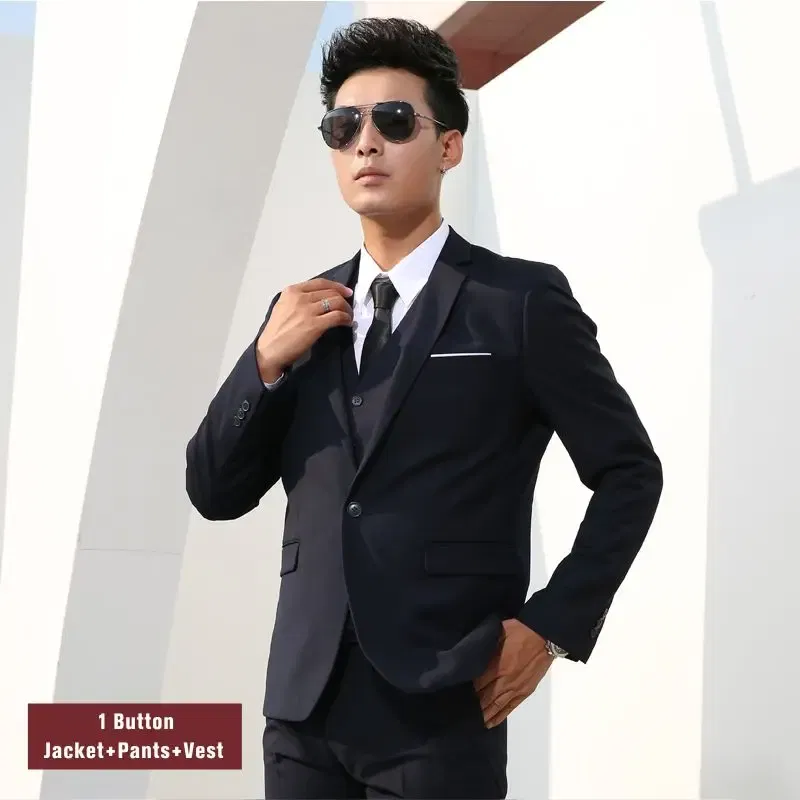 Color: Beige, Size: L - Men Suits Slim Fit Business Formal Casual Classic Suit Wedding Groom Party Prom Single Breasted Solid Color Black Gray Navy Blue