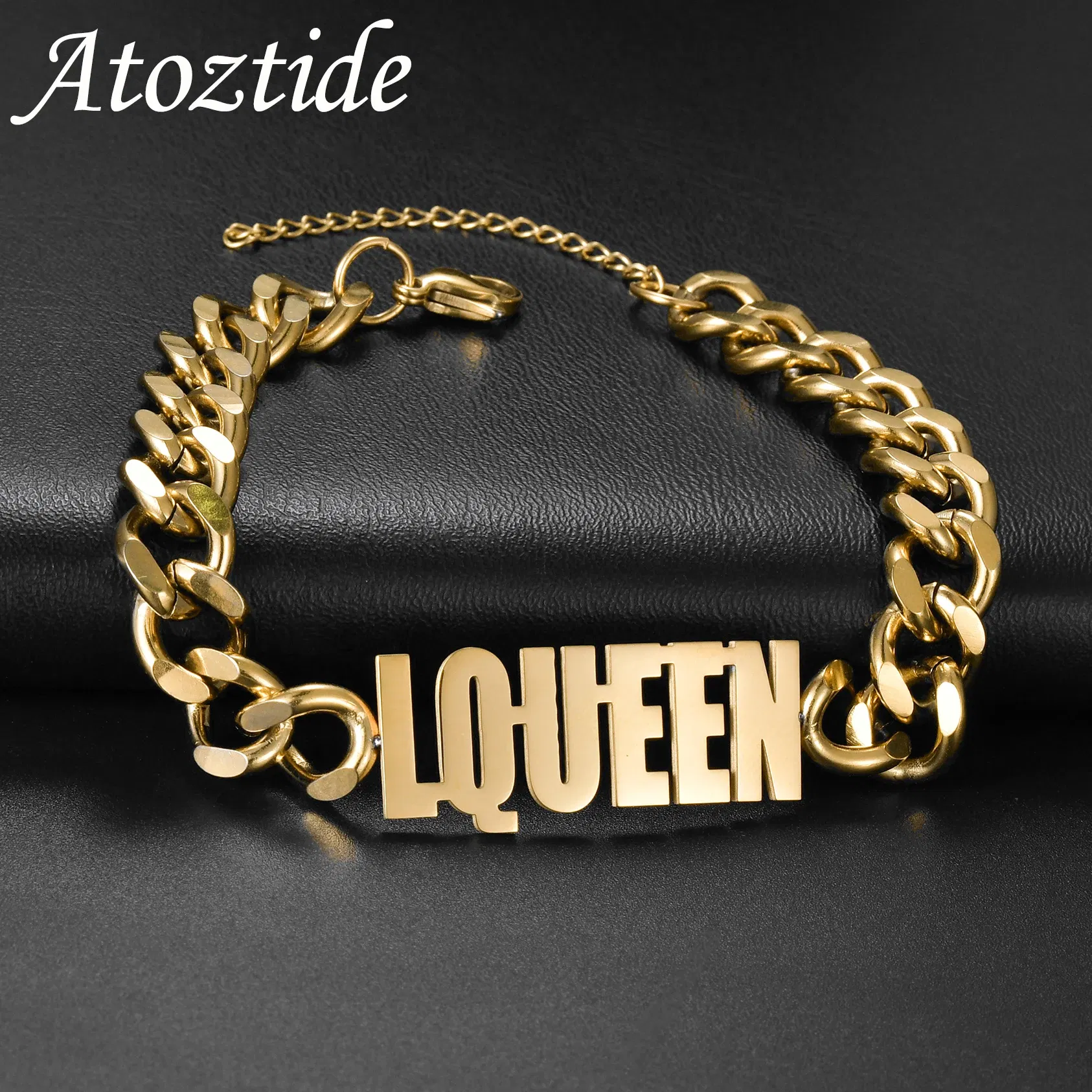 Metal Color: Black Zinc Plated, Length: 16cm, Main Stone Color: Orange - Atoztide Personalized Custom Name Bracelet for Women Men Stainless Steel 10mm Cuban Chain Nameplate Handmade Bangle Jewelry Gift