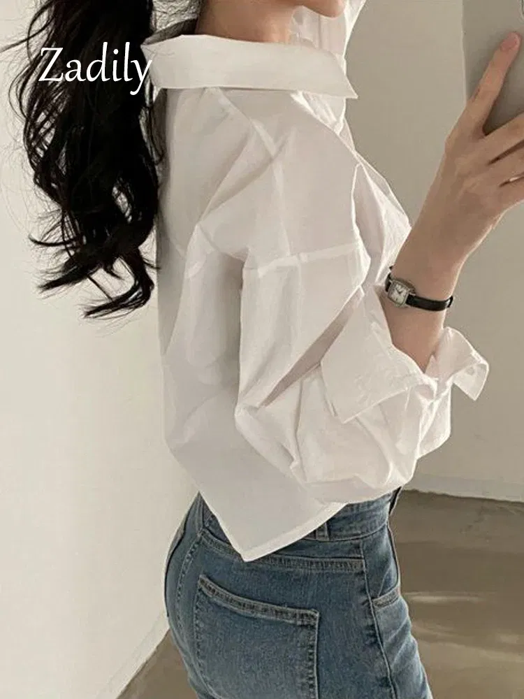 Color: Beige, Size: M - Zadily 2023 Spring New Casual Long Sleeve Women White Shirt Korea Style Solid Button Split Woman Crop Tops Blouse Party Clothing
