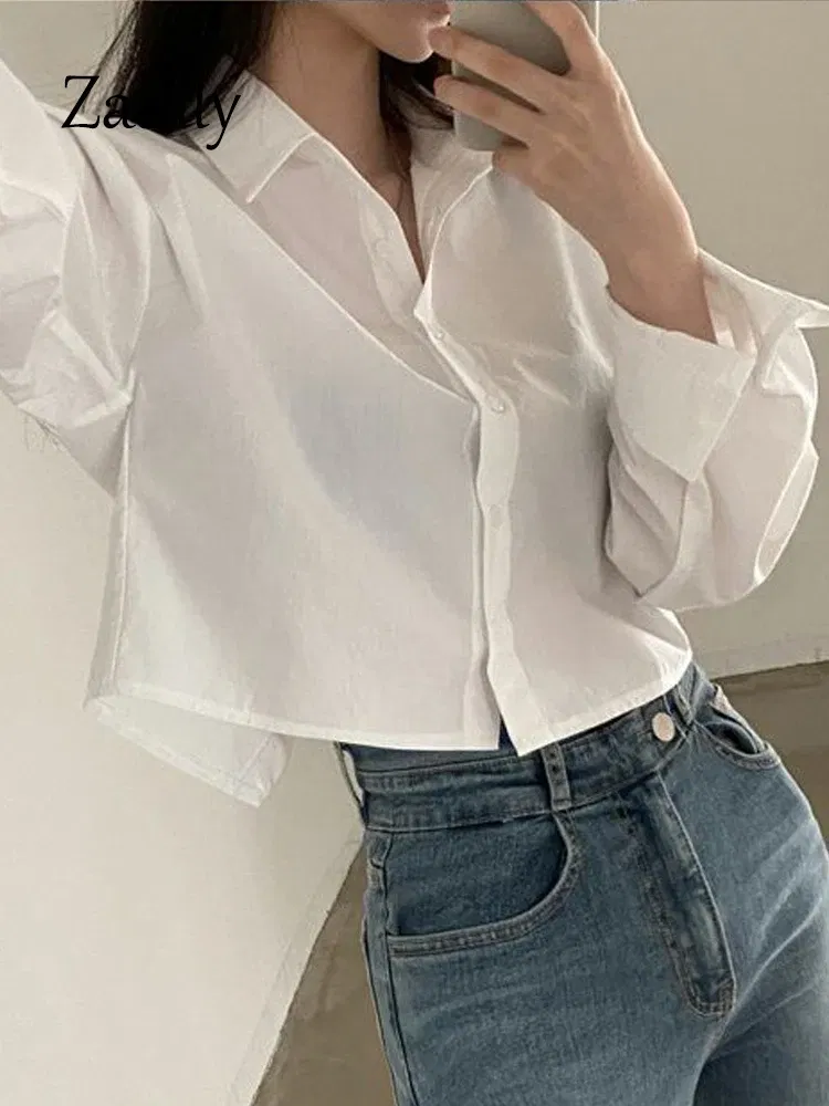 Color: Beige, Size: M - Zadily 2023 Spring New Casual Long Sleeve Women White Shirt Korea Style Solid Button Split Woman Crop Tops Blouse Party Clothing