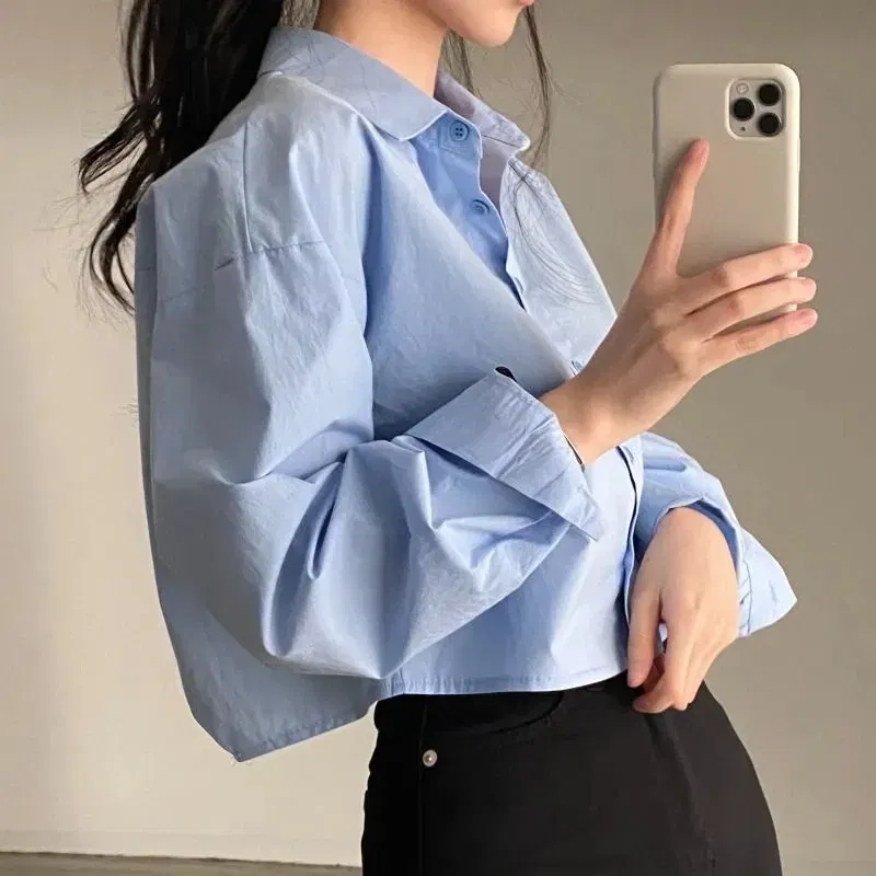 Color: Beige, Size: M - Zadily 2023 Spring New Casual Long Sleeve Women White Shirt Korea Style Solid Button Split Woman Crop Tops Blouse Party Clothing
