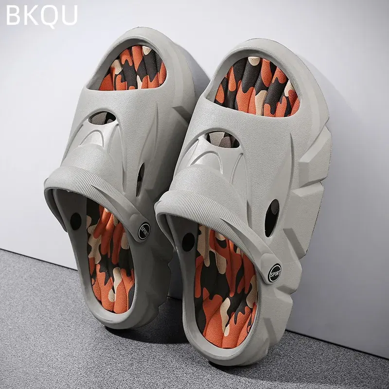 Color: GRAY, Shoe Size: 39 - Men's Beach Slippers Round Toe Lightweight Flat Bottom Waterproof Comfortable Trend Versatile Breathable Non-slip Large Size