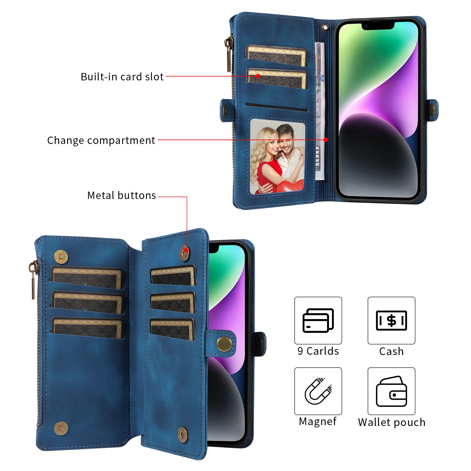 Color: black, Material: Vinyl - Zipper Multi 9 Cards Wallet Case for OPPO Reno 12 10 8 7 6 5 Pro 11F 11A 8T 6Z 5Z Retro Leather Lanyard Wrist Strap Phone Cover