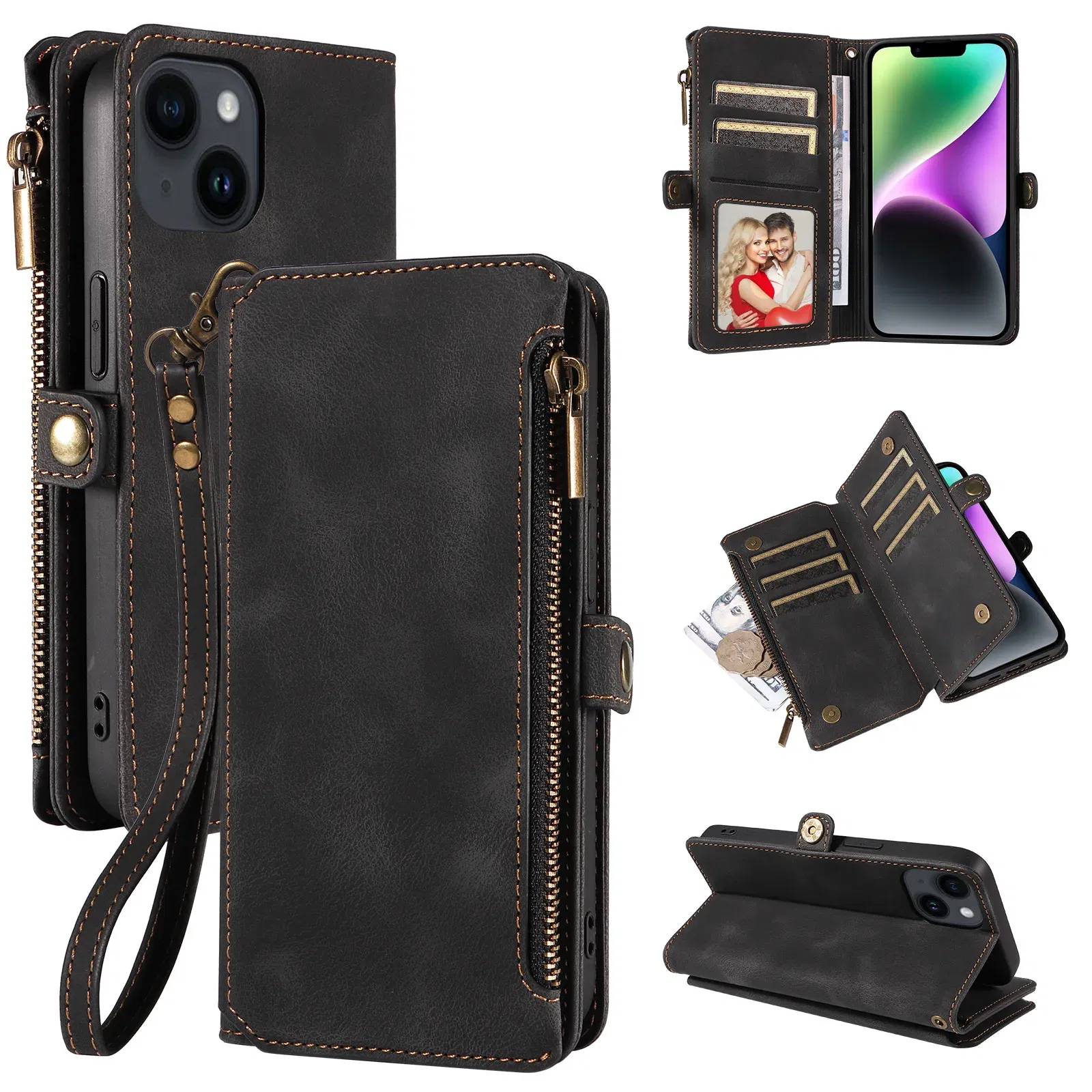 Color: black, Material: Vinyl - Zipper Multi 9 Cards Wallet Case for OPPO Reno 12 10 8 7 6 5 Pro 11F 11A 8T 6Z 5Z Retro Leather Lanyard Wrist Strap Phone Cover