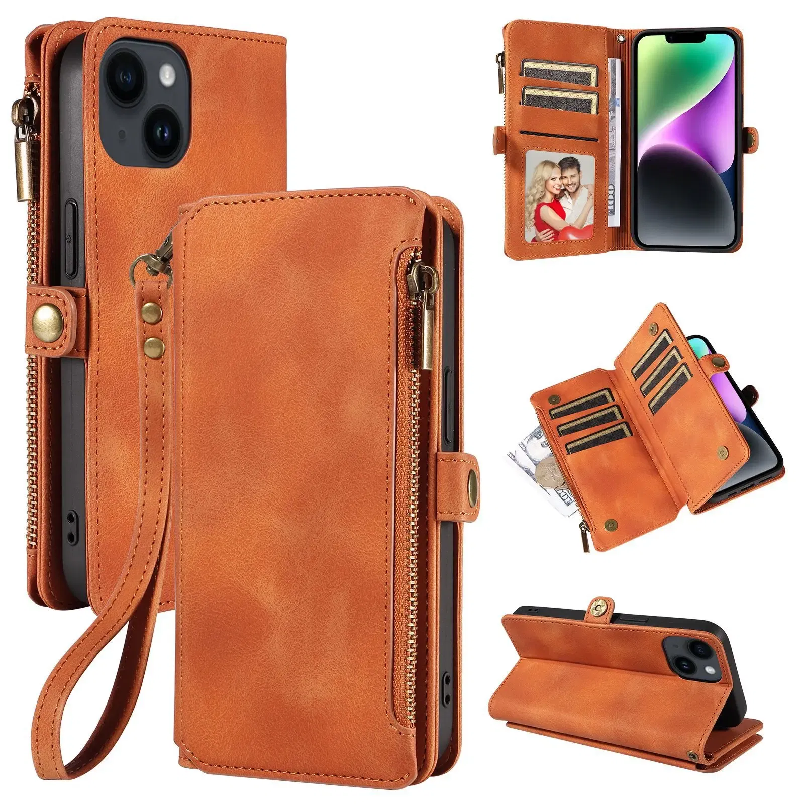 Color: black, Material: Vinyl - Zipper Multi 9 Cards Wallet Case for OPPO Reno 12 10 8 7 6 5 Pro 11F 11A 8T 6Z 5Z Retro Leather Lanyard Wrist Strap Phone Cover