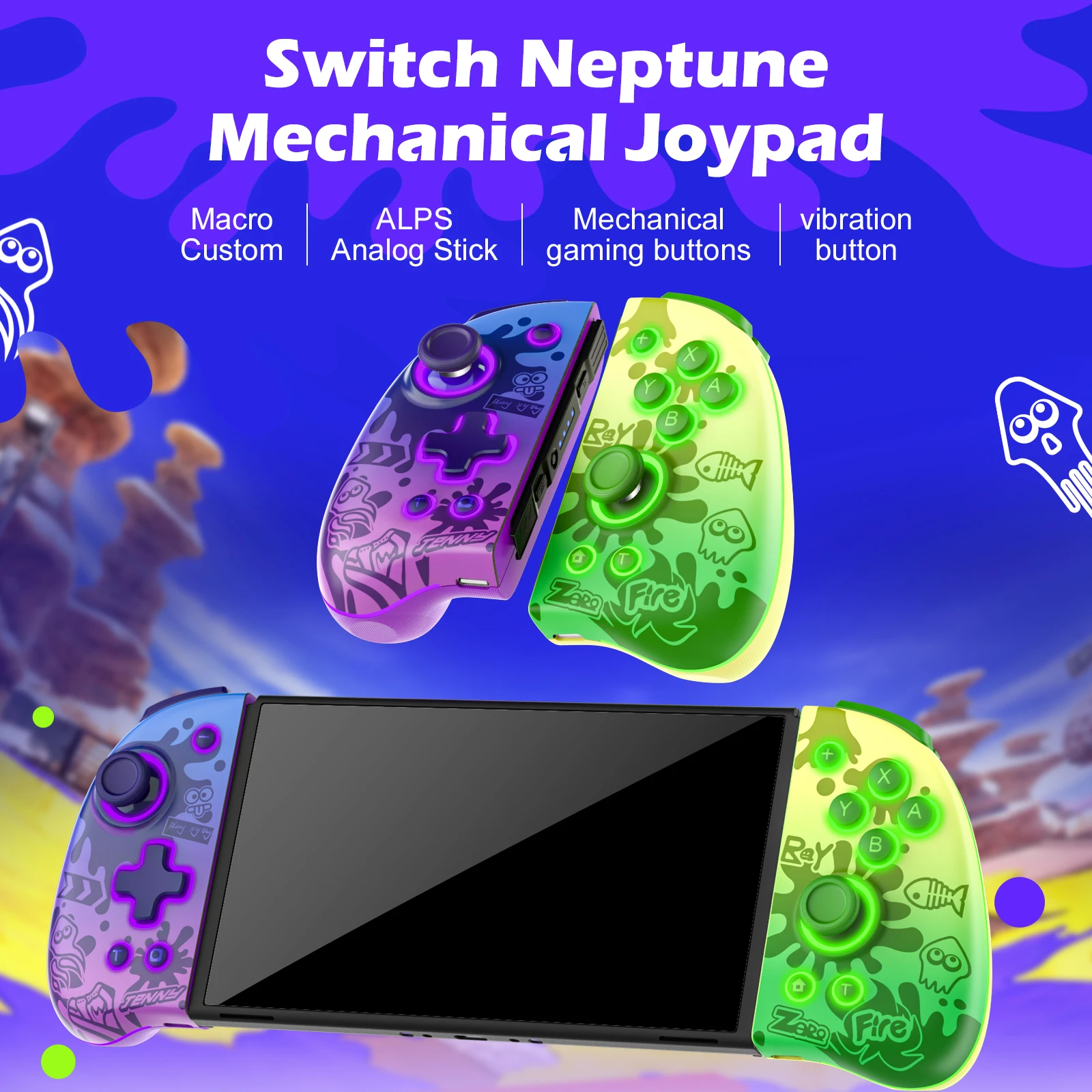 Color: PURPLE - INE Neptune Mechanical Joypad for Swtich/Lite/OLED with Auto-fire Turbo Macro ALPS Analog Thumb Stick Motion Sensor
