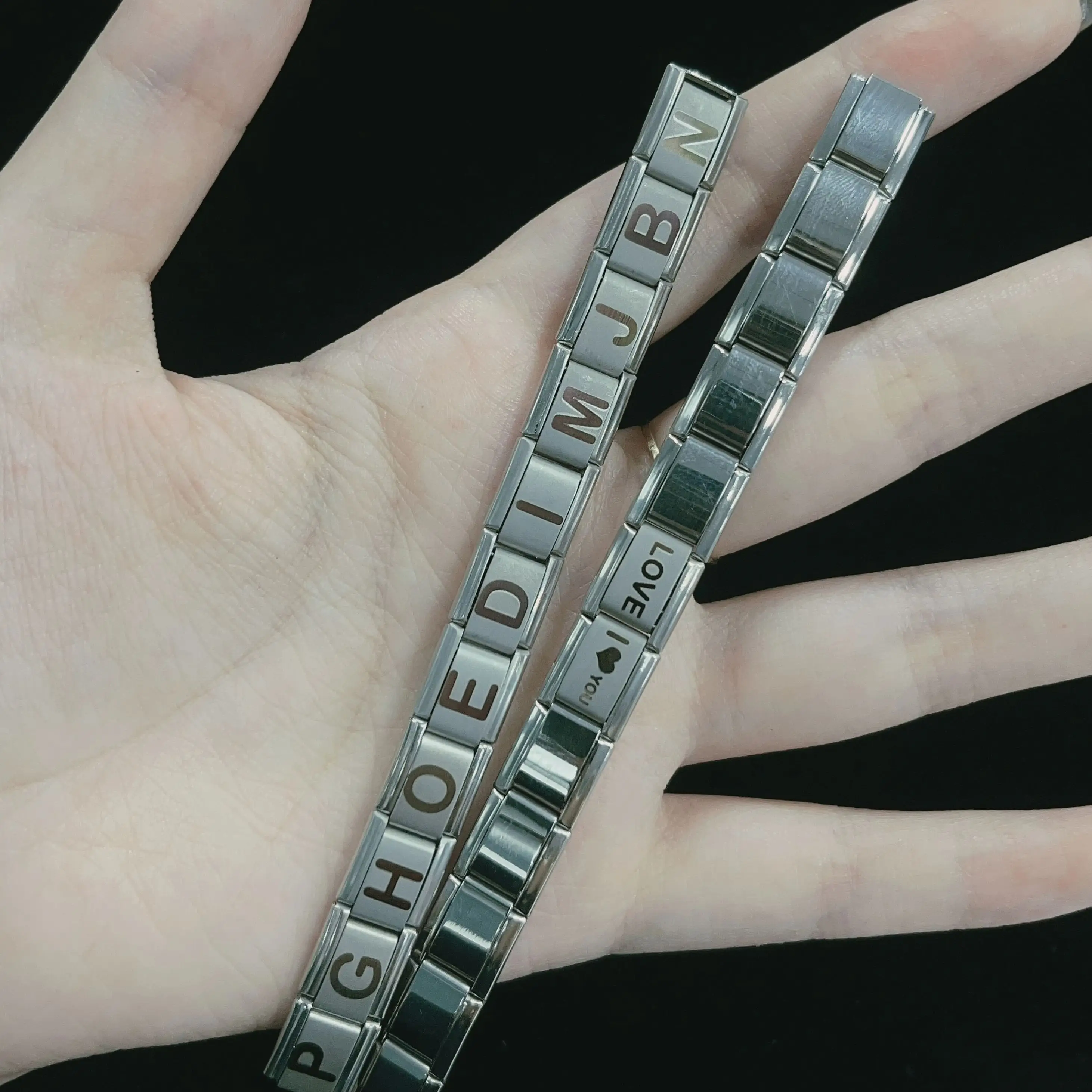 Metal Color: SILVER PLATED, Main Stone Color: WHITE - New DIY Italian Charm 9mm Module Bracelet 26 English letter Stainless Steel Elastic Bracelets for Men and Women Gift