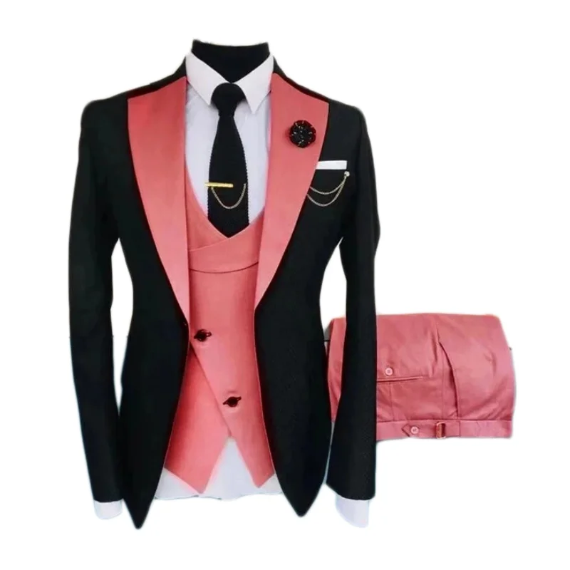 Color: Yellow, Size: XL - Men Suits 3 Pieces Tailored Best Man Groom Wedding Tuxedo Slim Fit Jacquard Two-color Blazer Jacket Vest Pants Tuxedo Clothing