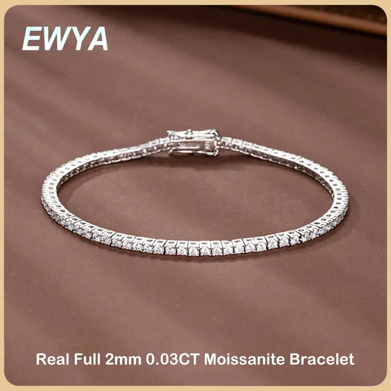 Gem Color: WHITE, Length: 17cm, Metal Color: Gold-color - EWYA New In Real D Color Full 2mm 0.03CT Moissanite Tennis Bracelet For Women S925 Silver Plated 18K Diamond Link Bracelets Gift