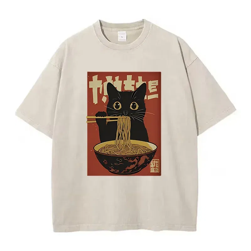 Color: green, Size: XXL - T Shirt Vintage Washed 100% Cotton T-Shirt Black Retro Cat Eating Ramen Graphic Tee Casual Streetwear for Spring Summer Fall