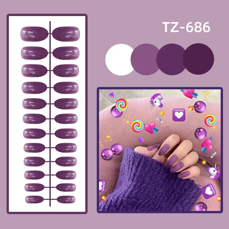 Color: Scarlet - 24Pcs/Set Long Round Head Bright Solid Color Press On Acrylic Nail Art Fake Nails Finished Wearing Manicure Reusable False Nails