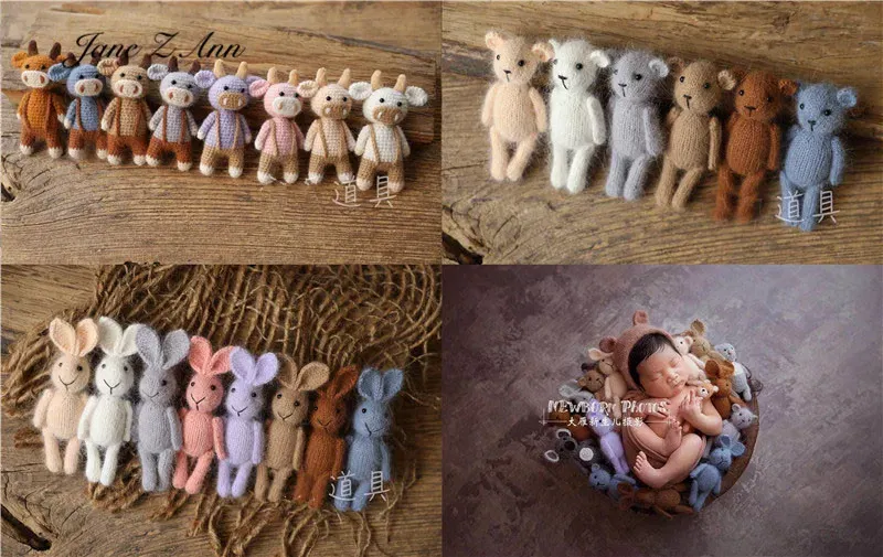 Color: Pink, Size: ONE SIZE - Handmade mink plush dolls knitted calf rabbit bear mouse newborn full moon photography props