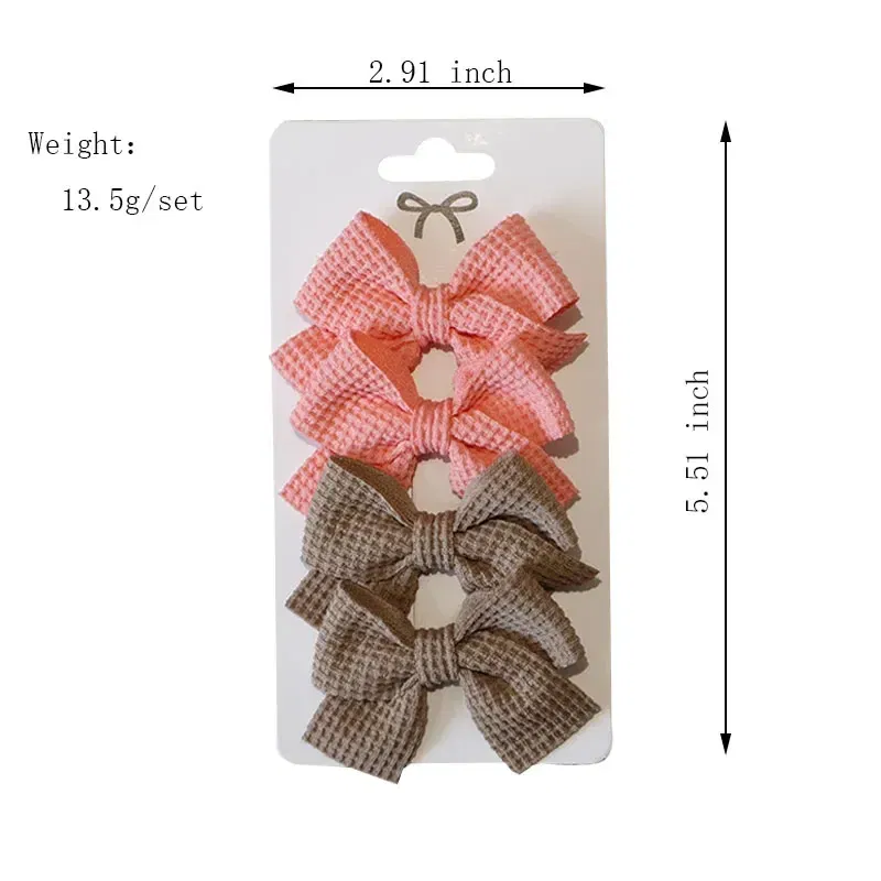 Color: MAROON - 4PCS Soft Cotton Bow Hairpin Girl Sweet Plaid Design Hairpin Color Block Delicate Hairgripe Barrettes Kawaii Child Accessories