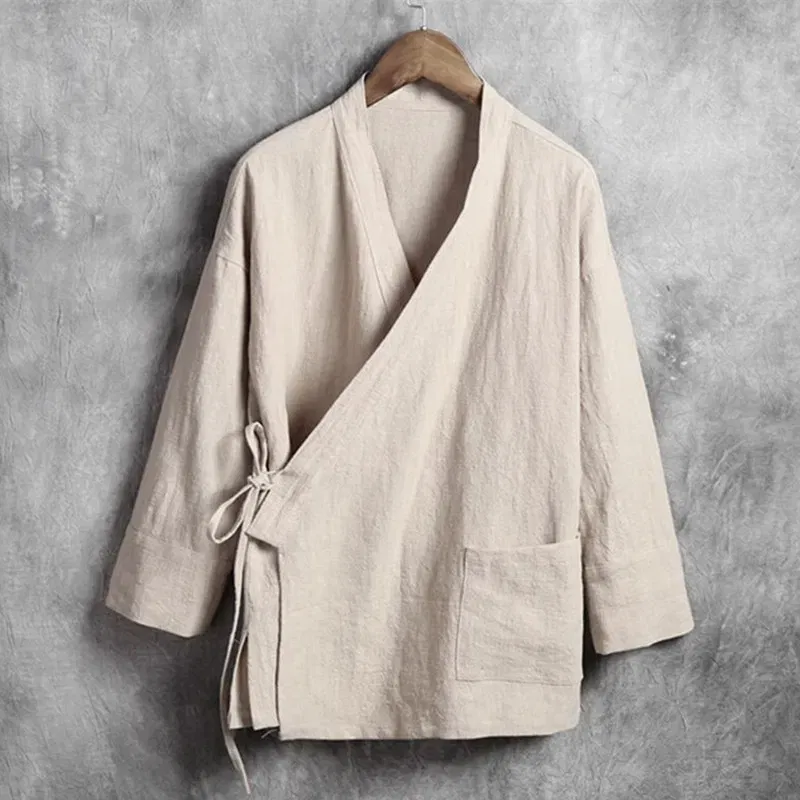 Color: Khaki, Size: 5XL - Plus Size M-6XL Pure Color Men's Tops 2024 New Cotton Linen Oblique Placket Long Sleeve Linen Hanfu chinese Clothing  Kimono