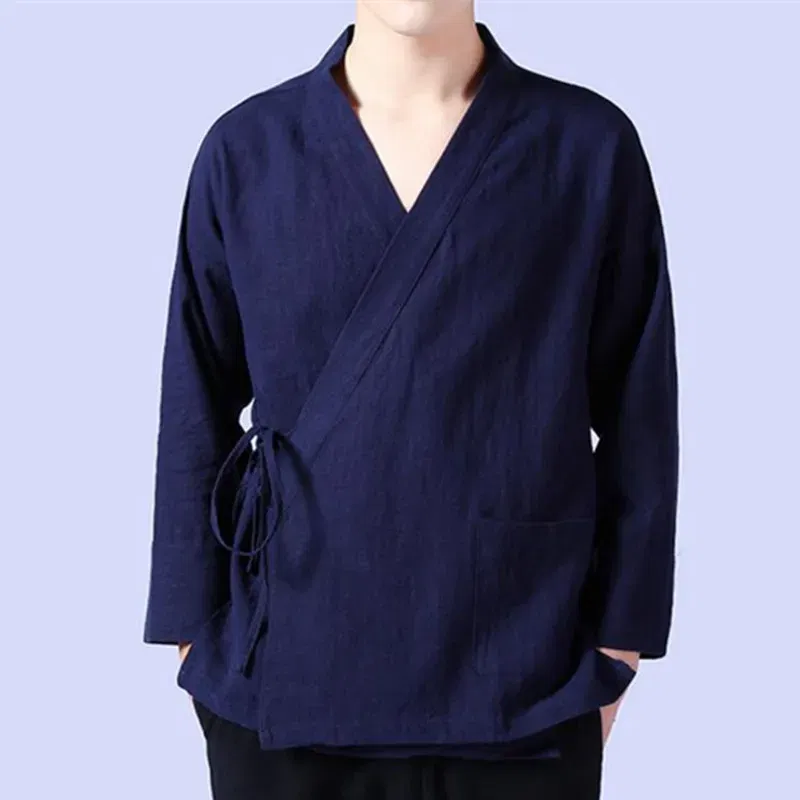 Color: Khaki, Size: 5XL - Plus Size M-6XL Pure Color Men's Tops 2024 New Cotton Linen Oblique Placket Long Sleeve Linen Hanfu chinese Clothing  Kimono