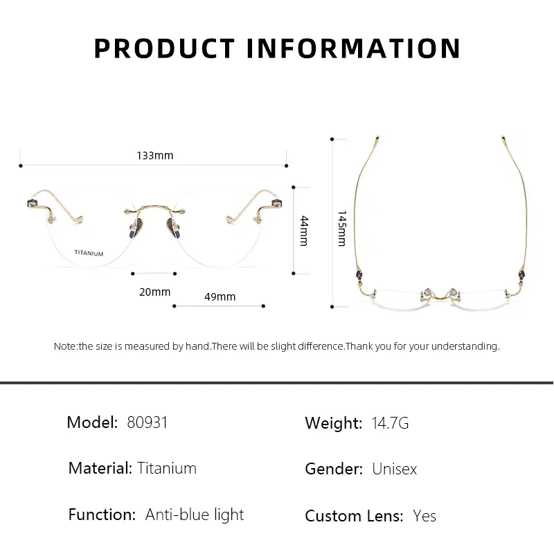 Frame Color: Blue, Eye Prescription: 0 - BLMUSA Pure Titanium Rimless Anti-blue Light Reading Glasses for Men Round Photochromic Optical Prescription with MR-8 lens