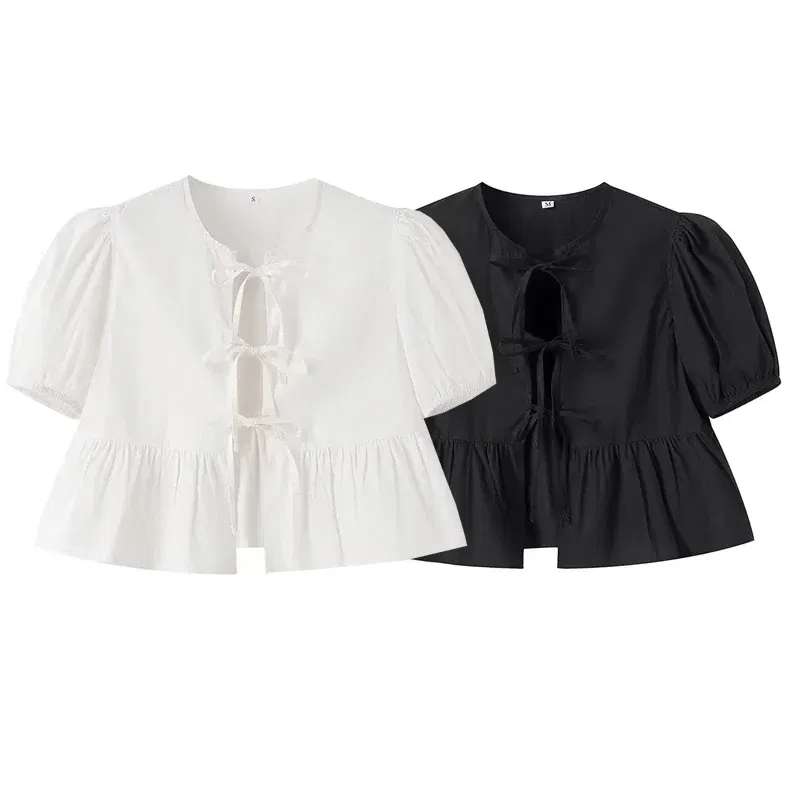 Color: GRAY, Size: XS - TRAF White Crop Top Women Black Ruffle Short Puff Sleeve Blouse Female Bow Tied Summer Blouses Woman 2024 Ruched Cute Tops