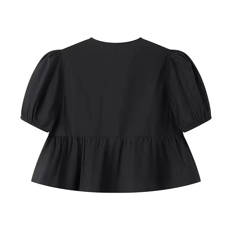 Color: GRAY, Size: XS - TRAF White Crop Top Women Black Ruffle Short Puff Sleeve Blouse Female Bow Tied Summer Blouses Woman 2024 Ruched Cute Tops