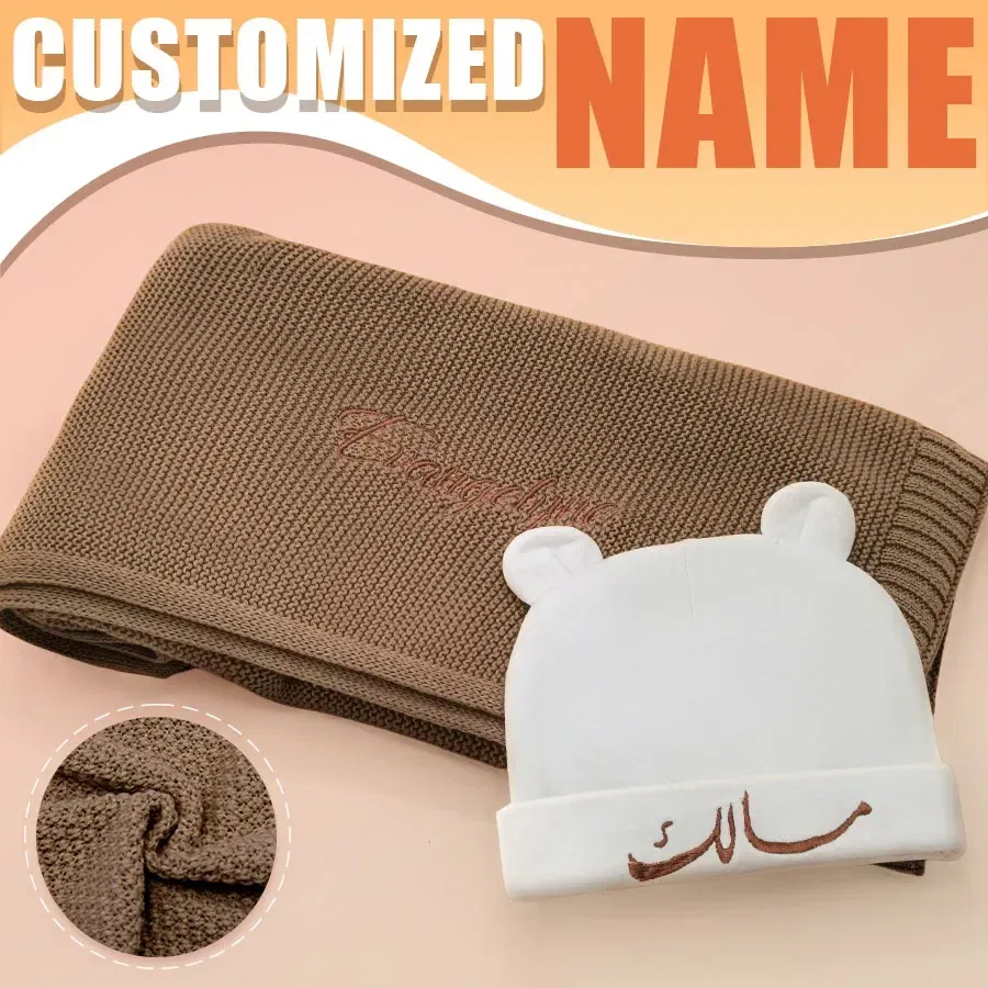 Color: WHITE, Size: Option 1, Ships From: CN - Personalized Baby Name Newborn Cotton Beanie and Knitted Blanket Set Embroidered Name Covering and Cute Hat Gift Set