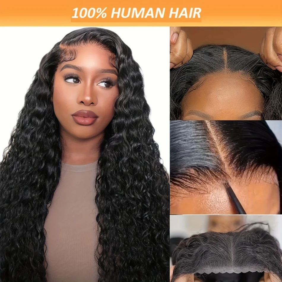 Stretched Length: 38inches, Hair Color: #12, Density: 200%, Ships From: CHINA - Glueless Wig Human Hair Ready To Wear Water Wave Lace Front Wig 4x4 5x5 Lace Closure Black Wig Curly HD Lace Frontal Human Hair