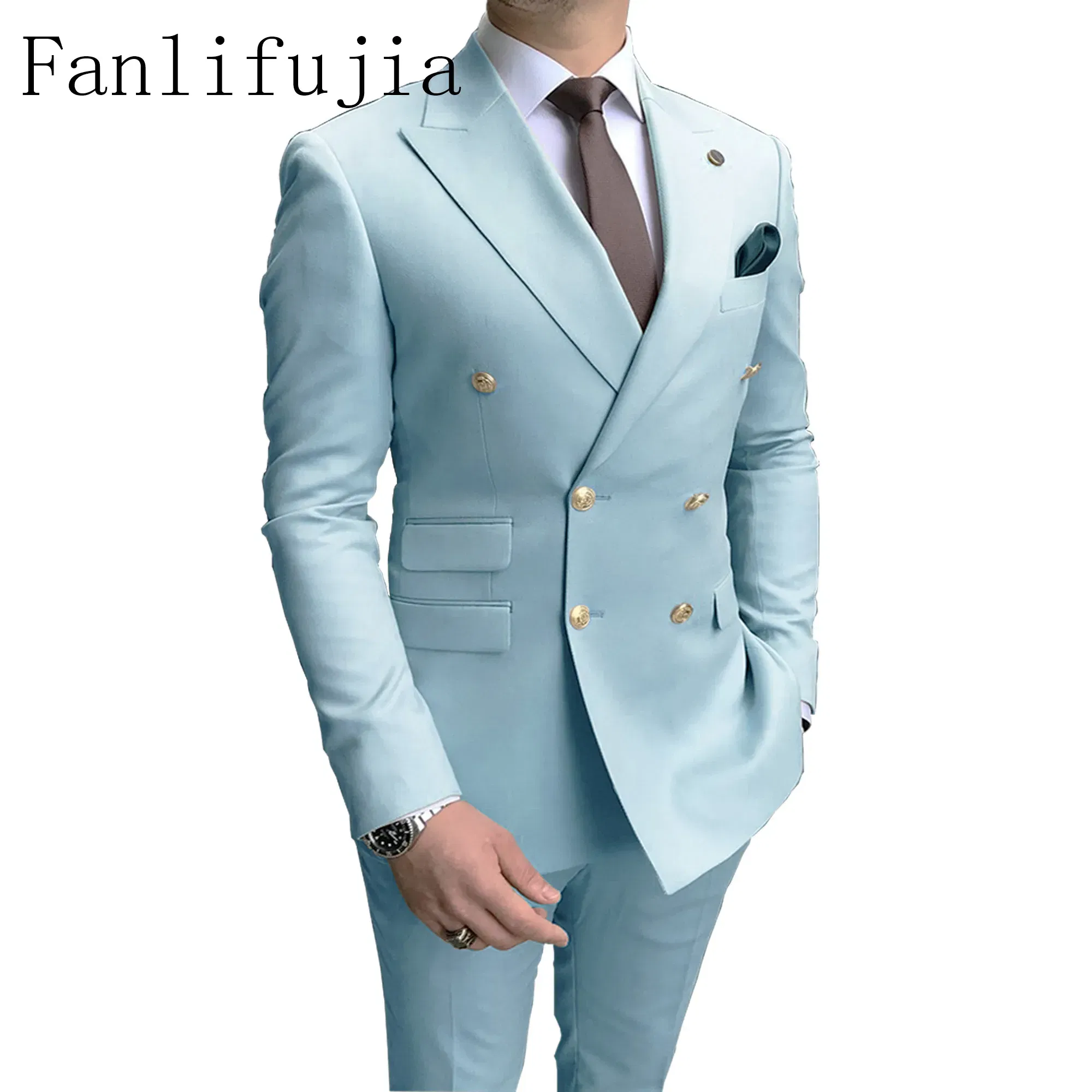Color: Khaki, Size: 5XL - Fanlifujia Store 2024 Casual Sky Blue Men Suits Double Brested Peak Lapel  Gold Button Groom Wedding Tuxedos Best Costume Homme