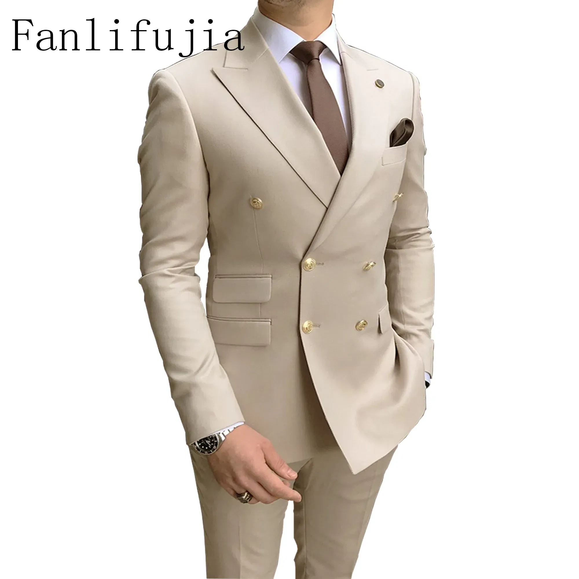 Color: Khaki, Size: 5XL - Fanlifujia Store 2024 Casual Sky Blue Men Suits Double Brested Peak Lapel  Gold Button Groom Wedding Tuxedos Best Costume Homme