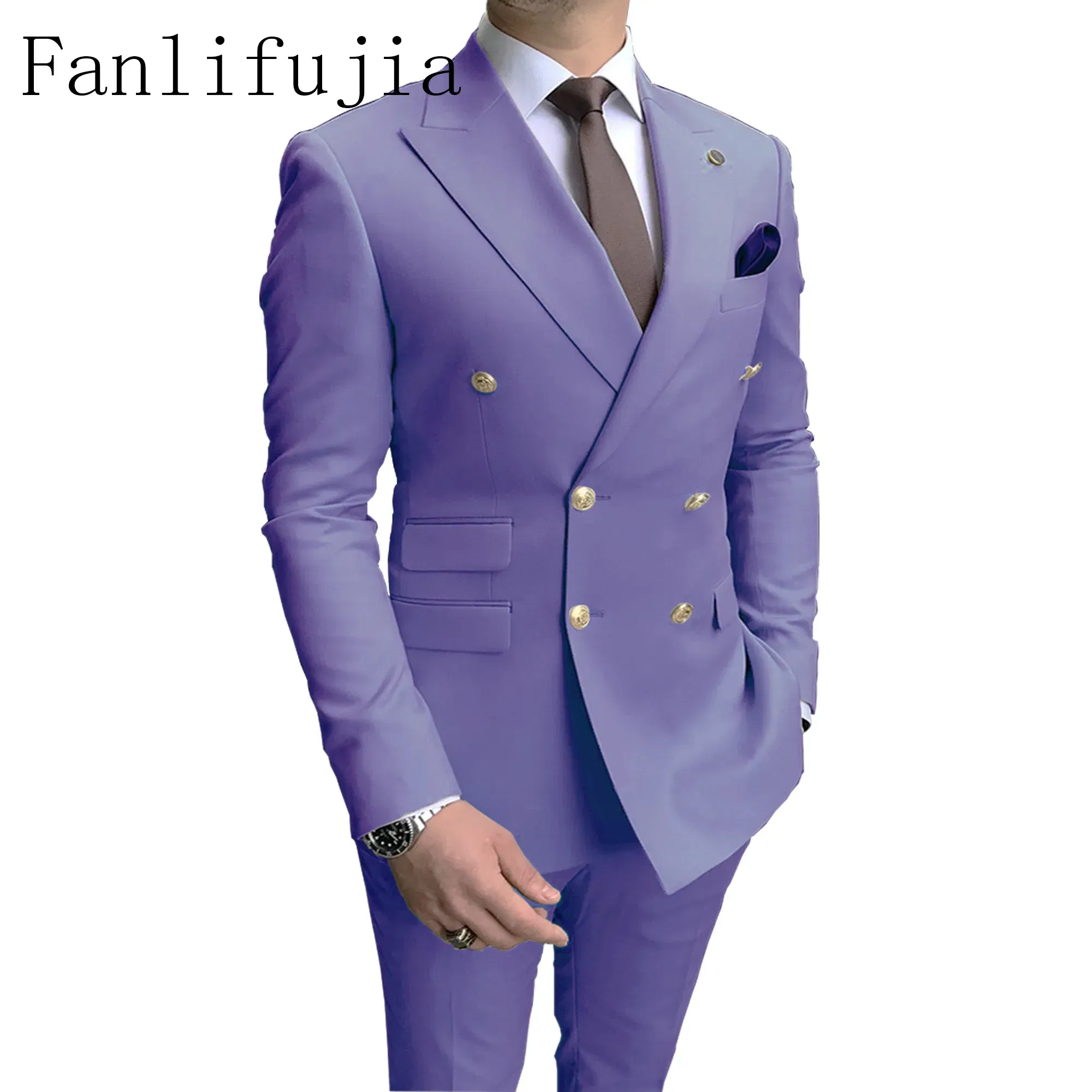 Color: Khaki, Size: 5XL - Fanlifujia Store 2024 Casual Sky Blue Men Suits Double Brested Peak Lapel  Gold Button Groom Wedding Tuxedos Best Costume Homme
