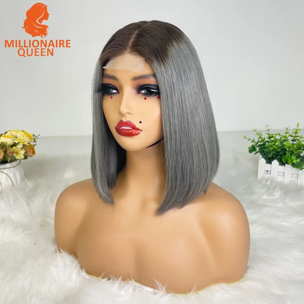 Color: T1B/PURPLE, Stretched Length: 8inches, Density: 250%, Lace Size: 2x6 - 250 Density 2x6Lace Closure Short Bob Wig Super Double Drawn Straight Bob Wig Gray Vietname Human Hair Lace Wig ForBlack Women