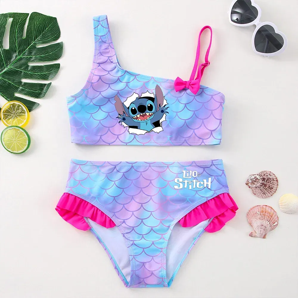 Color: army green, Size: S - Lilo Stitch Girls Swimsuit One-Piece Bathing Suits Children's Dresses Summer Swimwear Beach Suit Kids Wear Fashion Mermaid Fish
