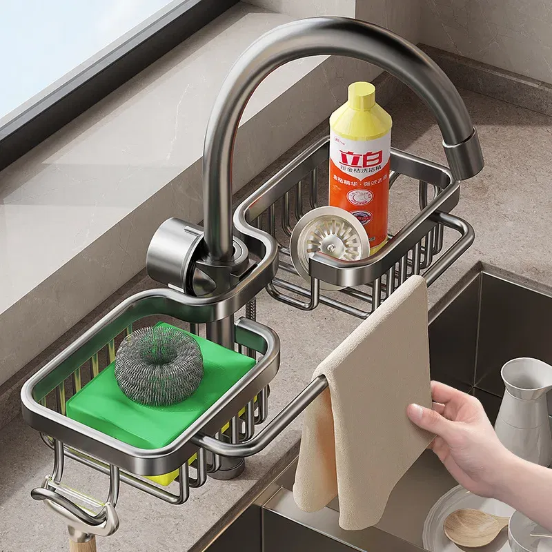 Color: Light Grey - New Rust-proof Kithen Faucet Drainer Rack Sponge Towel Holder Shelf Bathroom Soap Organizer Stand Sink Accessories Storage Stand